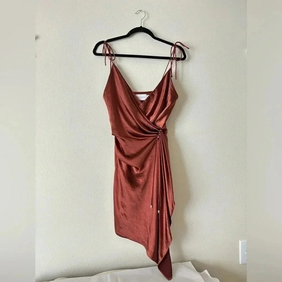 Significant Other Goldie Draped Satin Side Ruched Slip Strappy Mini Dress Bronze - Picture 3 of 10